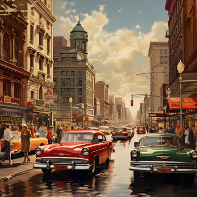una ciudad en los años 50 con coches rojos 3 de Kurt Heppke