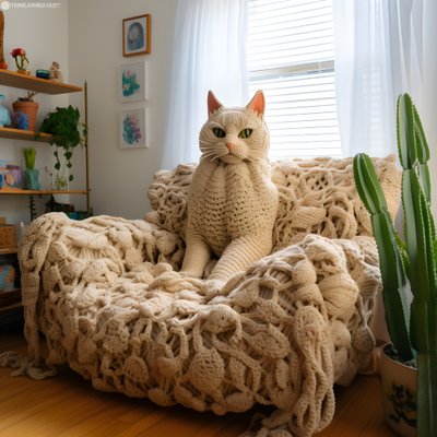 un gato gigante de ganchillo en un salón realista 3 de Kurt Heppke