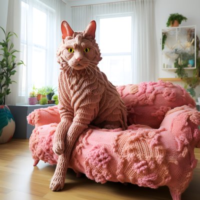 un gato gigante de ganchillo en un salón realista 4 de Kurt Heppke
