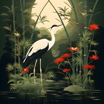 hermosa ilustración japonesa de una grulla y bambú 1 de Kurt Heppke