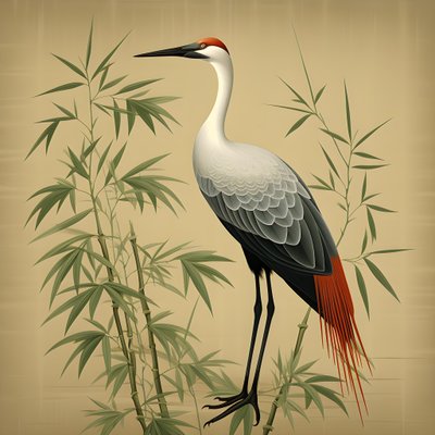 una hermosa ilustración japonesa de una grulla y bambú 2 de Kurt Heppke