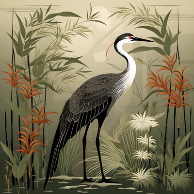 una hermosa ilustración japonesa de una grulla y bambú 3 de Kurt Heppke