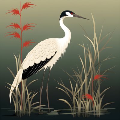 una hermosa ilustración japonesa de una grulla y bambú 4 de Kurt Heppke