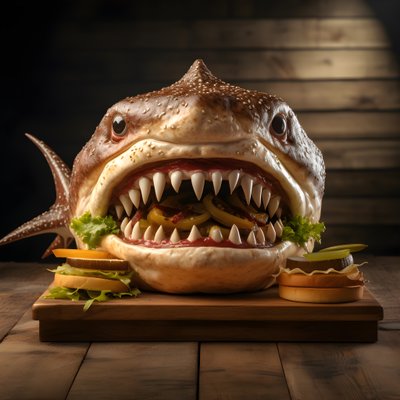 hamburguesa grande con queso y cabeza de tiburón en tabla de madera 2 de Kurt Heppke