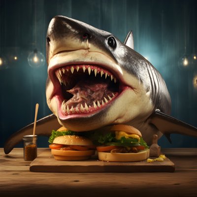 hamburguesa de queso con cabeza de tiburón grande y ternera sobre tabla de madera 3 de Kurt Heppke