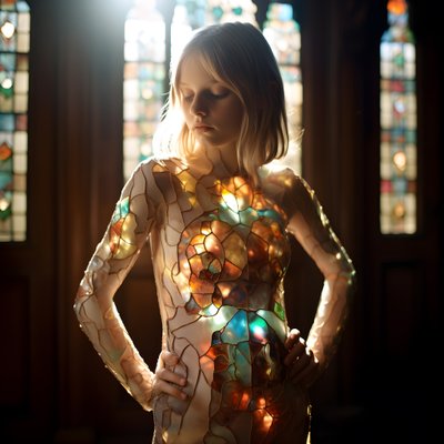 bonita niña rubia de 14 años lleva un colorido vestido de tiffany vidrieras 3 de Kurt Heppke