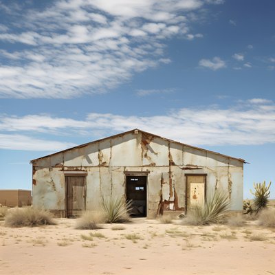 Imagen fotográfica hiperrealista de un viejo almacén desgastado, con pintura descolorida y ventanas tapiadas 1 de Kurt Heppke