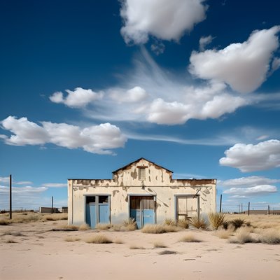 Imagen fotográfica hiperrealista de un viejo almacén desgastado, con pintura descolorida y ventanas tapiadas 2 de Kurt Heppke