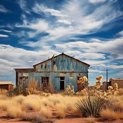 Imagen fotográfica hiperrealista de un viejo almacén desgastado, con pintura descolorida y ventanas tapiadas 3 de Kurt Heppke