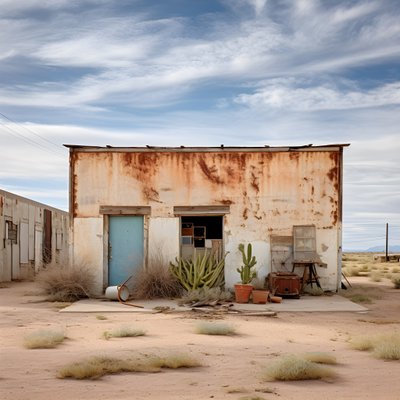 imagen fotográfica hiperrealista de un viejo almacén desgastado, con pintura descolorida y ventanas tapiadas 4 de Kurt Heppke