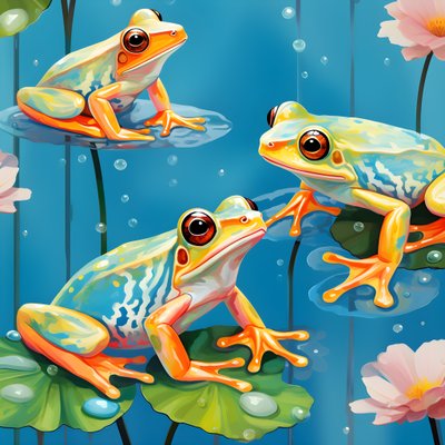 patrón sin fisuras de una pintura de ranas de dibujos animados bastante naranja y amarillo sentado en el follaje de los lirios en la lluvia de agua de la acuarela 2 de Kurt Heppke