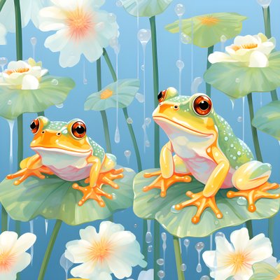 patrón sin fisuras de una pintura de ranas de dibujos animados bastante naranja y amarillo sentado en el follaje de los lirios en la lluvia de agua de la acuarela 4 de Kurt Heppke