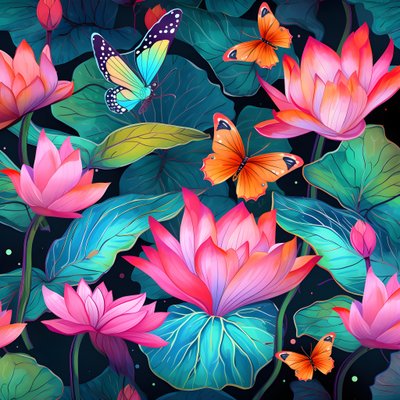 Patrón sin fisuras de flores de loto y mariposas 2 de Kurt Heppke