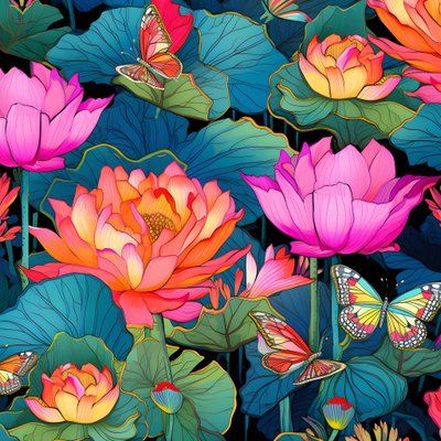 Patrón sin fisuras de flores de loto y mariposas 3 de Kurt Heppke