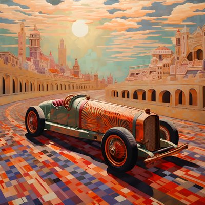 bella, elegante y minimalista obra maestra acolchada en el estilo artístico de Shepard Fairey::1 conmemora el Gran Premio de Mónaco de 1940, coches de carreras históricos compitiendo entre sí.  4 de Kurt Heppke