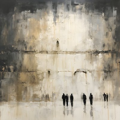 Gente vestida de blanco y negro, rezando de cara a la pared 3 de Kurt Heppke