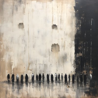 Gente vestida de blanco y negro, rezando de cara a la pared 4 de Kurt Heppke