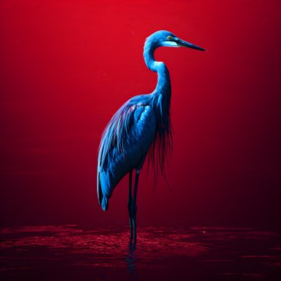 obra de arte digital synthwave de una exótica garceta azul cobalto sobre papel rojo 1 de Kurt Heppke