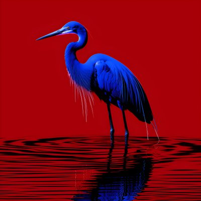 obra de arte digital synthwave de una exótica garceta azul cobalto sobre papel rojo 2 de Kurt Heppke