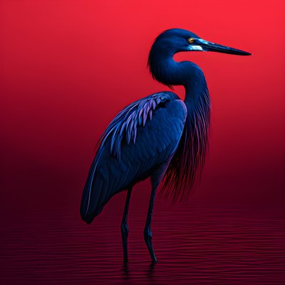 obra de arte digital synthwave de una exótica garceta azul cobalto sobre papel rojo 3 de Kurt Heppke