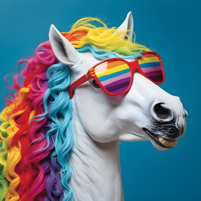 Caballo blanco con gafas arco iris sobre fondo azul 1 de Kurt Heppke