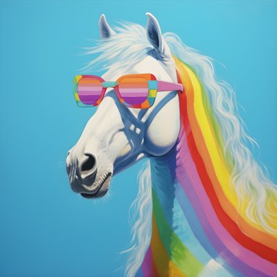 Caballo blanco con gafas arco iris sobre fondo azul 2 de Kurt Heppke