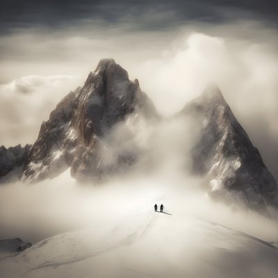 dos personas esquiando sobre una montaña nublada 2 de Kurt Heppke