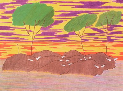 Marcha del búfalo de agua, 2004 (lápiz de color sobre papel) de Kurtis L. Miller
