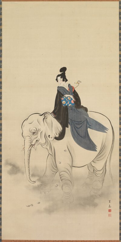 Cortesana montando un elefante, parodia del Bodhisattva Fugen, siglo XIX de Kuwagata Keisai