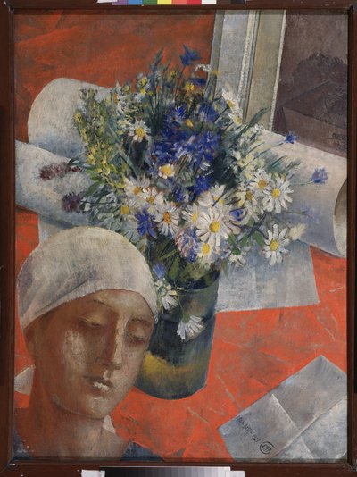 Flores y cabeza de mujer. Pintura de Kuzma Sergeevich Petrov Vodkin (Petrov-Vodkin) (Kouzma Petrov Vodkin) (Petrov-Vodkin) (1878-1939), óleo sobre lienzo de Kuzma Sergeevich Petrov Vodkin