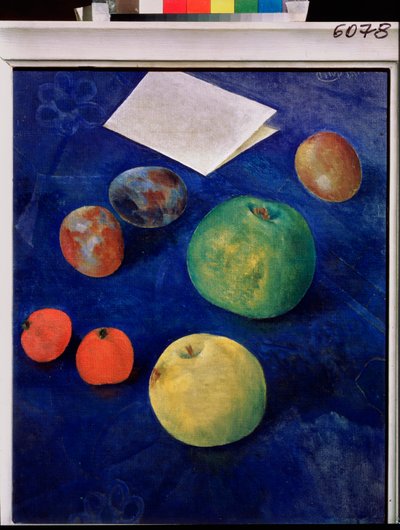 Frutas sobre un mantel azul. Pintura de Kuzma Sergeevich Petrov Vodkin (Petrov-Vodkin) (Kouzma Petrov Vodkin) (Petrov-Vodkin) (1878-1939), óleo sobre lienzo de Kuzma Sergeevich Petrov Vodkin