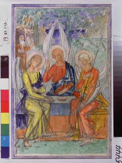 La Santa Trinidad. Representación de los tres ángeles que se aparecieron a Abraham cerca del Chene de Mambre. Obra de Kuzma Sergeyevich Petrov Vodkin (Petrov-Vodkin) (Kouzma Petrov Vodkin) (Petrov-Vodkin) (1878-1939), acuarela sobre papel de Kuzma Sergeevich Petrov Vodkin