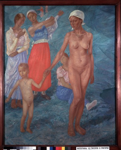 Mañana. Bañistas. (Las mujeres se visten detrás de una madre y un niño desnudos). Pintura de Kuzma Sergeyevich Petrov Vodkin (Petrov-Vodkin) (Kouzma Petrov Vodkin) (Petrov-Vodkin) (1878-1939), óleo sobre lienzo de Kuzma Sergeevich Petrov Vodkin