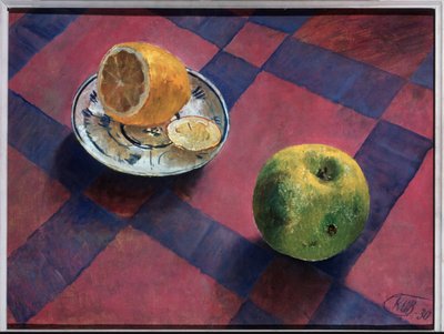 Manzana y limón. (Manzana y Limón). Pintura de Kuzma Sergeevich Petrov Vodkin (Petrov-Vodkin) (Kouzma Petrov Vodkin) (Petrov-Vodkin) (1878-1939), óleo sobre lienzo de Kuzma Sergeevich Petrov Vodkin