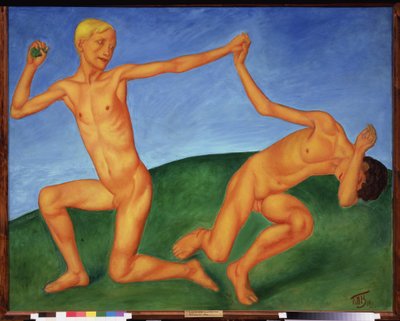 Garçons jouant. (aburrimiento y homosexualidad). Pintura de Kuzma Sergeyevich Petrov Vodkin (Petrov-Vodkin) (Kouzma Petrov Vodkine) (Petrov-Vodkine) (1878-1939), huile sur toile de Kuzma Sergeevich Petrov Vodkin