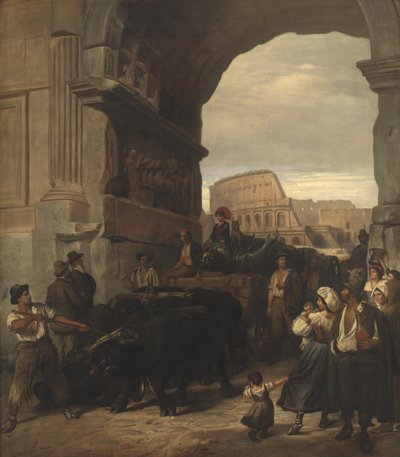 Trabajadores Romanos Transportando una Estatua Imperial Antigua desde el Coliseo a través del Arco de Tito hasta los Museos Capitolinos de L.A. Schou
