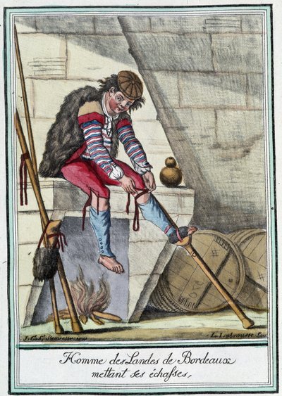 Hombre de las Landas de Burdeos poniéndose los zancos - en “Enciclopedia de Viajes” de J. Grasset St Sauveur, Deron, París de L.F. Labrousse