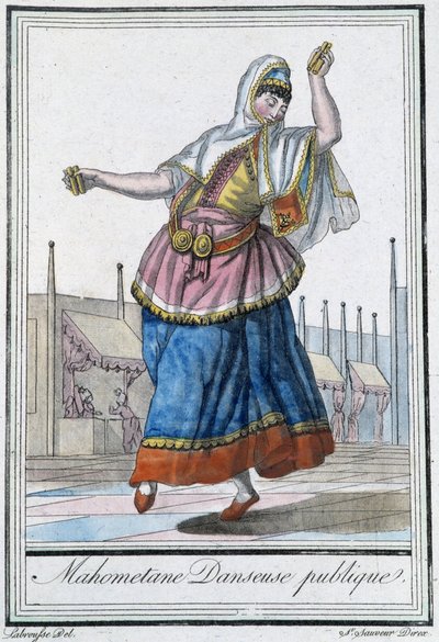 Bailarina pública mahometana - en “Encyclopédie des voyages” de J. Grasset St Sauveur, ed. Deroy, París de L.F. Labrousse
