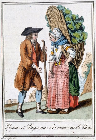 Campesino y campesina de París - en Encyclopedia of Travels por J. Grasset St Sauveur, Deron, París de L.F. Labrousse