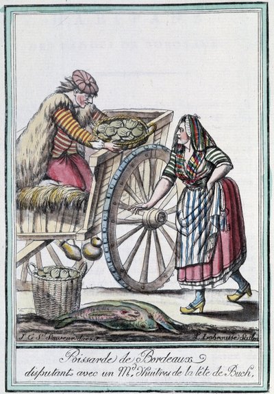 Pescadera de Burdeos discutiendo con un comerciante de ostras de la cabeza de Buch - en "Encyclopedia of travels" de J. Grasset St Sauveur, Deron, París de L.F. Labrousse