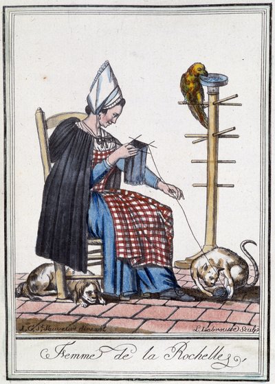 Mujer de La Rochelle tejiendo con un perro, un loro y un gato jugando con la bola de lana de L.F. Labrousse