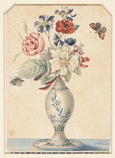 Jarrón con flores y una mariposa gris-amarilla de L.W. Garrison