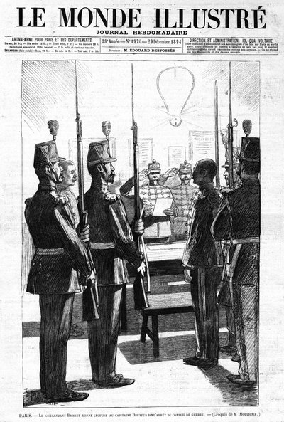 El comandante lee, al Capitán Alfred Dreyfus, el Arresto del Consejo de Guerra, París. Boceto de M. de Moulignie. En Le Monde Illustré, Revista Semanal No. 1970 del 29 de diciembre de 1894 de L. Moulignie