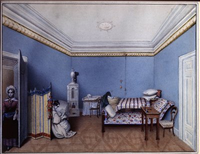 "En el dormitorio" Acuarela de L. Hern (siglo XIX) 1835 A. Museo Conmemorativo Pushkin, San Petersburgo de L. Hern