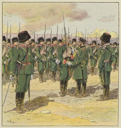 El general Kouropatkine pasa revista a las tropas después de la batalla de Kin-Tcheou de L. Malespine