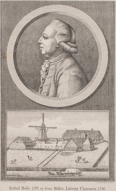 Dybbøl mølle, 1792, y su molinero Lorenz Claussen, 1790 de L. Nissen