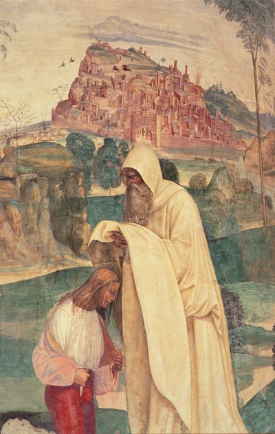 Vida de San Benito, Escena 4: El monje Romano viste a Benito de L. Signorelli