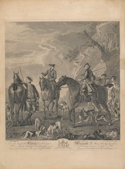 Un conjunto de siete, sin título, cada uno dedicado: Al Muy Honorable. Thomas Lord Vizconde Weymouth... de la pintura original en Long Leat Hall. [Jinetes y sabuesos descansando en un paisaje rocoso.] de L. Truchy