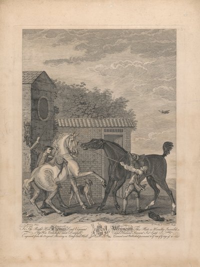 Un conjunto de siete, sin título, cada uno dedicado: Al Muy Honorable. Thomas Lord Vizconde Weymouth... de la Pintura Original en Long Leat Hall. [Dos caballos parados inquietos fuera de un establo...] de L. Truchy