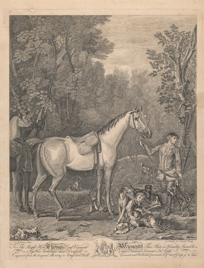 Un conjunto de siete, sin título, cada uno dedicado: Al Muy Honorable. Thomas Lord Vizconde Weymouth... del cuadro original de Long Leat Hall. [Dos jinetes junto a una granja pidiendo indicaciones a un campesino; un pozo a la izquierda, con un par de lebre de L. Truchy